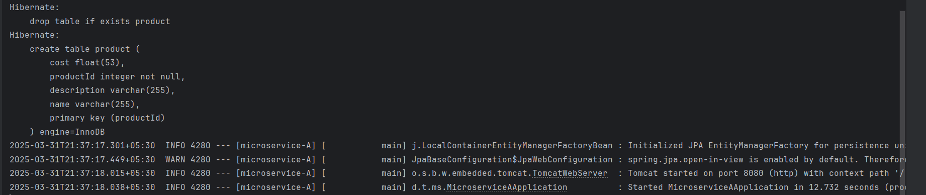 Microservice A console log