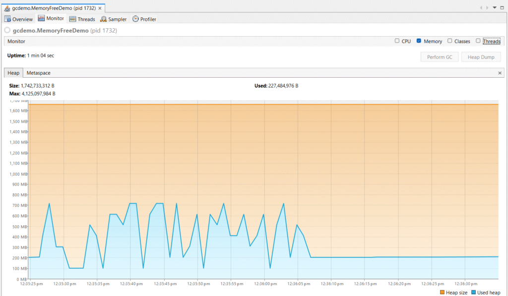 VisualVM screenshot GC in action